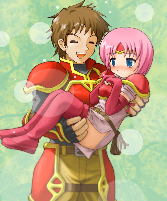 1boy, 1girl, alternate_hair_color, armor, belt, blue_eyes, blush, brown_hair