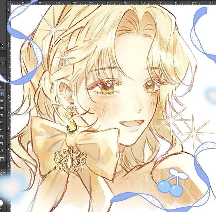 1girl, art_program_in_frame, blonde_hair, bow, cherry, commentary_request, earrings, food