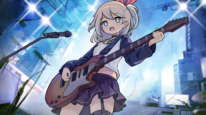 +_+, 1girl, black_skirt, blue_eyes, choker, cymbals, electric_guitar, garter_straps