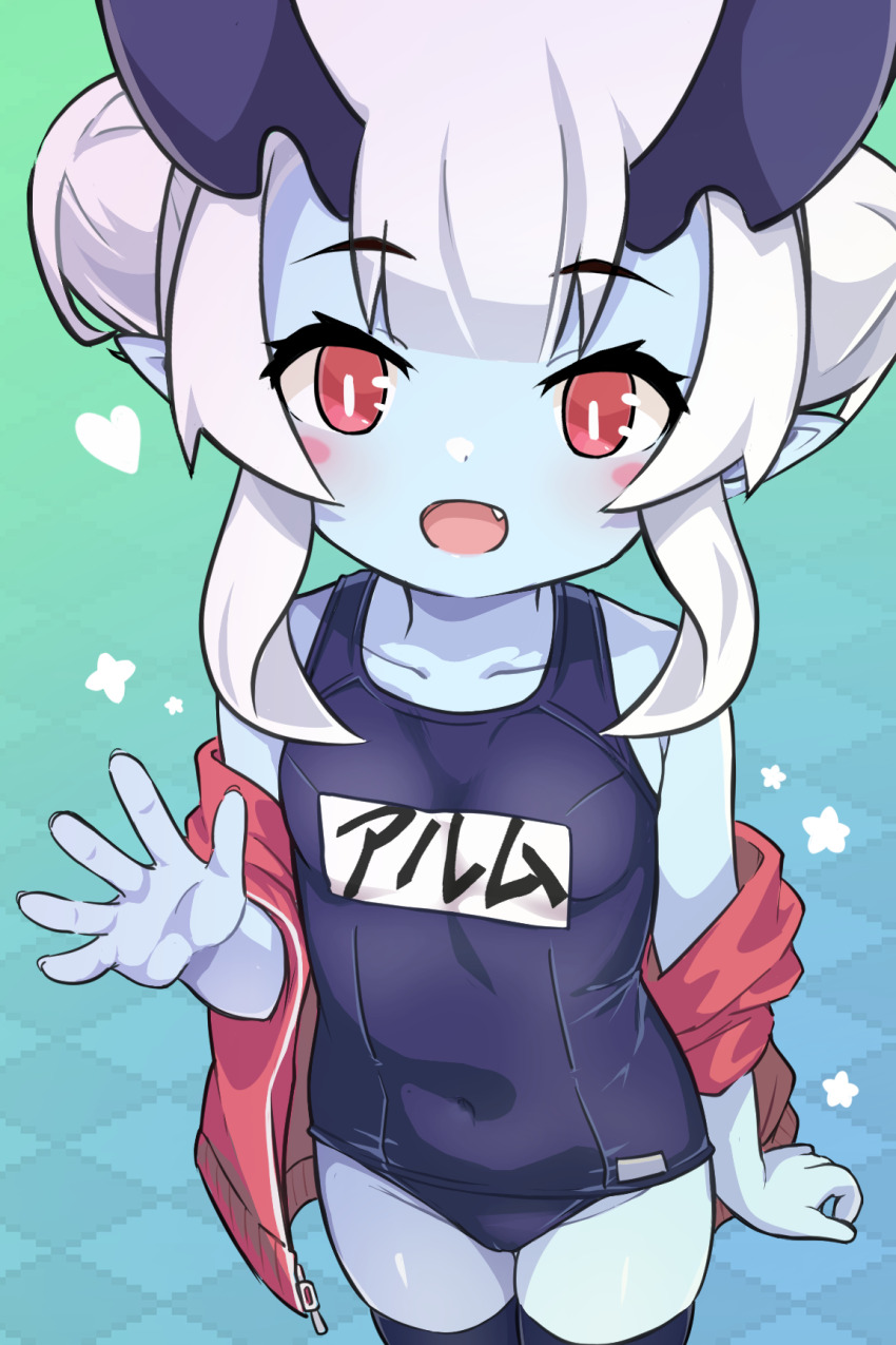 1girl, arm_at_side, arum_(world_flipper), blue_skin, blush_stickers, collarbone, colored_skin, covered_navel, double_bun, eyelashes, fang, gradient_background, hair_bun, highres, horns, jacket, looking_at_viewer, mwm5, one-piece_swimsuit, open_mouth, red_eyes, red_jacket, school_swimsuit, sidelocks, solo, swimsuit, waving, world_flipper