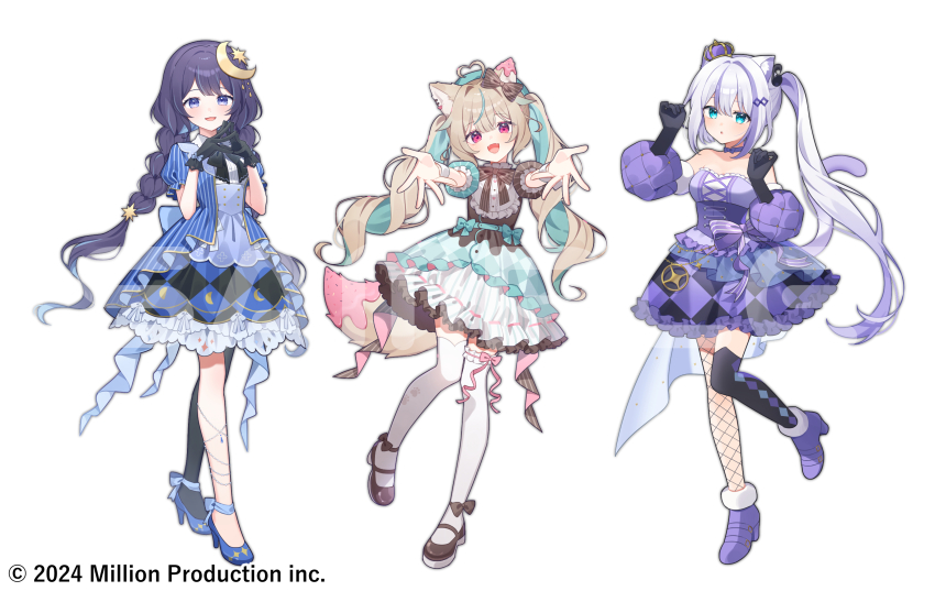 3girls, :o, absurdres, amakami_konomi, animal_ears, argyle_clothes, argyle_dress, black_gloves