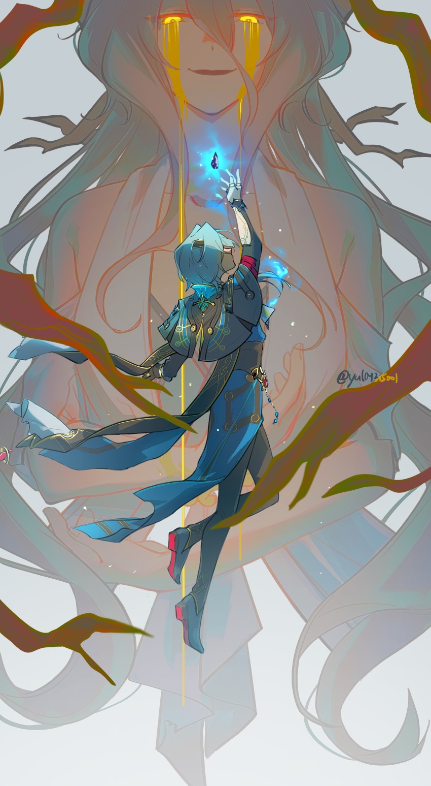 1boy, 1girl, absurdres, anaxa_(honkai:_star_rail), aqua_hair, black_jacket, black_pants, calypso_(honkai:_star_rail)