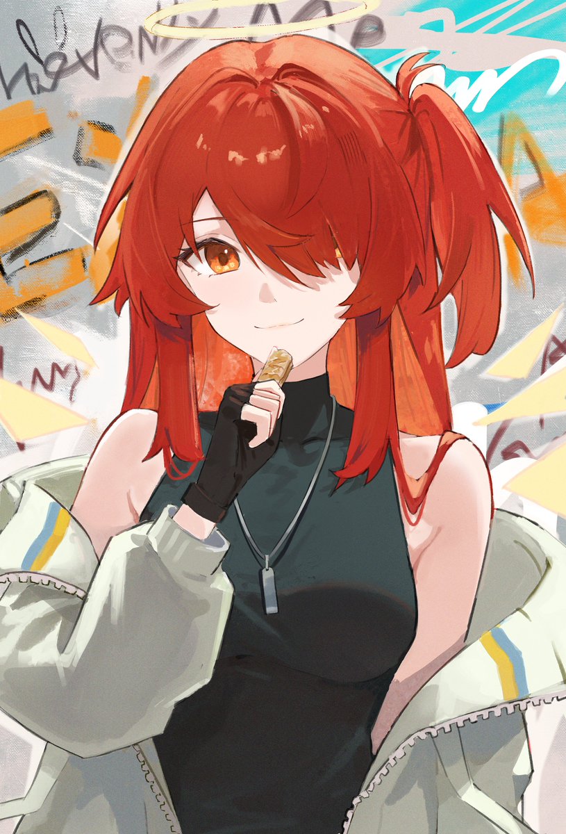 1girl, arknights, black_gloves, black_shirt, breasts, character_request, check_character, closed_mouth