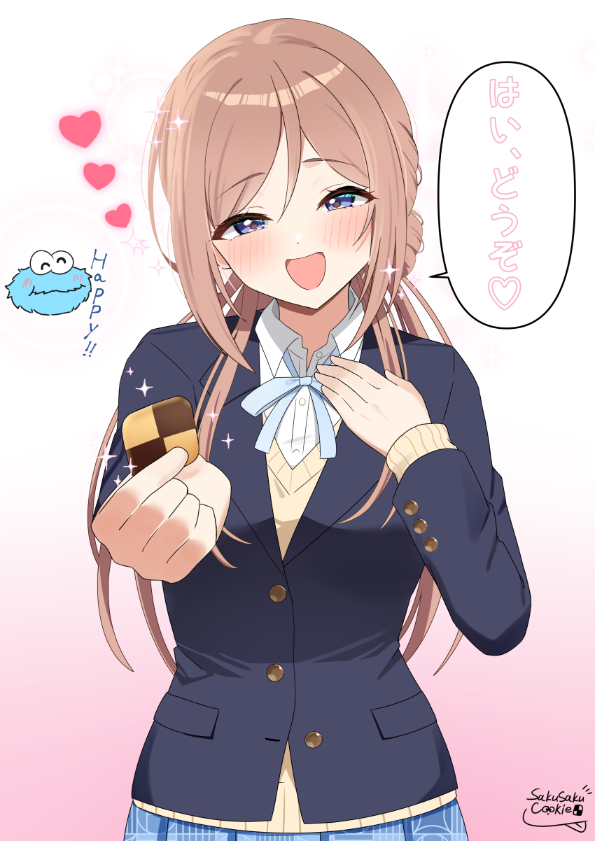 1girl, absurdres, blazer, blue_eyes, blue_jacket, blue_ribbon, blue_skirt, blush