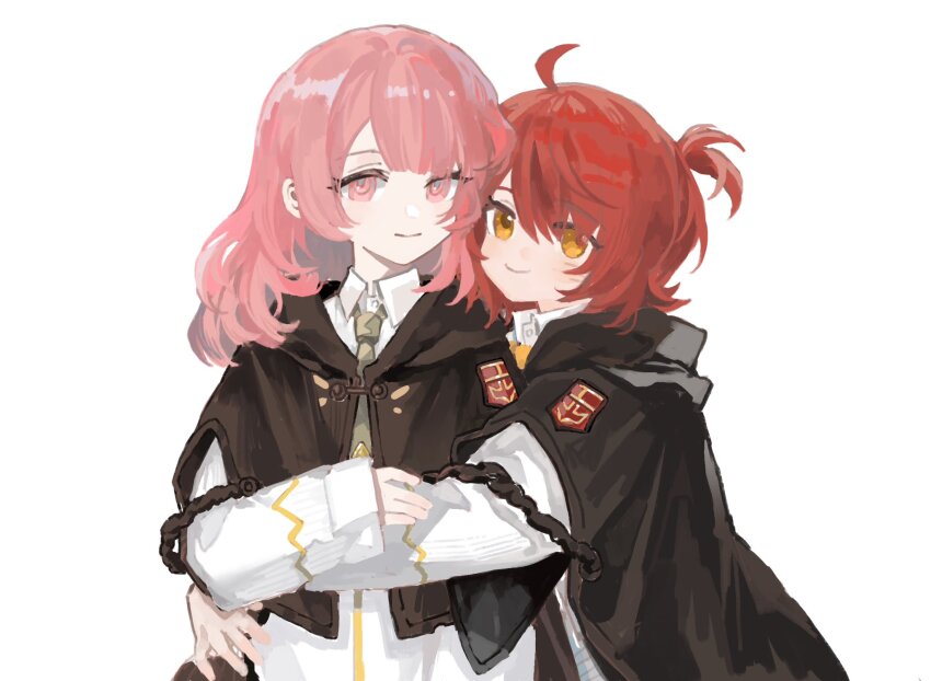 2girls, ahoge, arknights, black_jacket, brown_eyes, closed_mouth, commentary_request, cropped_jacket