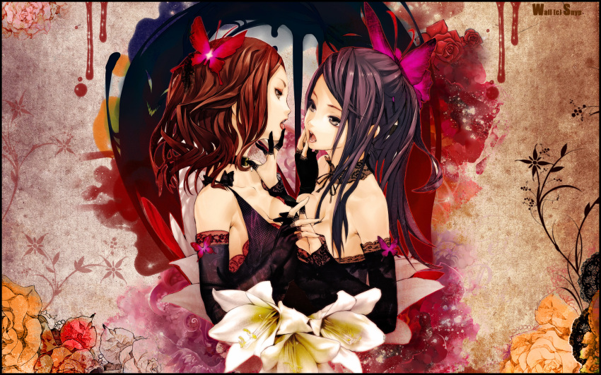 2girls, amaryllis_(flower), arm_warmers, black_arm_warmers, breast_press, couple, flower, highres