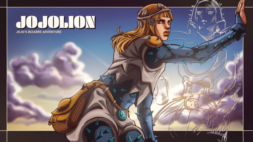 1boy, anime_coloring, araki_hirohiko_(style), bag, blonde_hair, blue_bridal_gauntlets, border, bridal_gauntlets