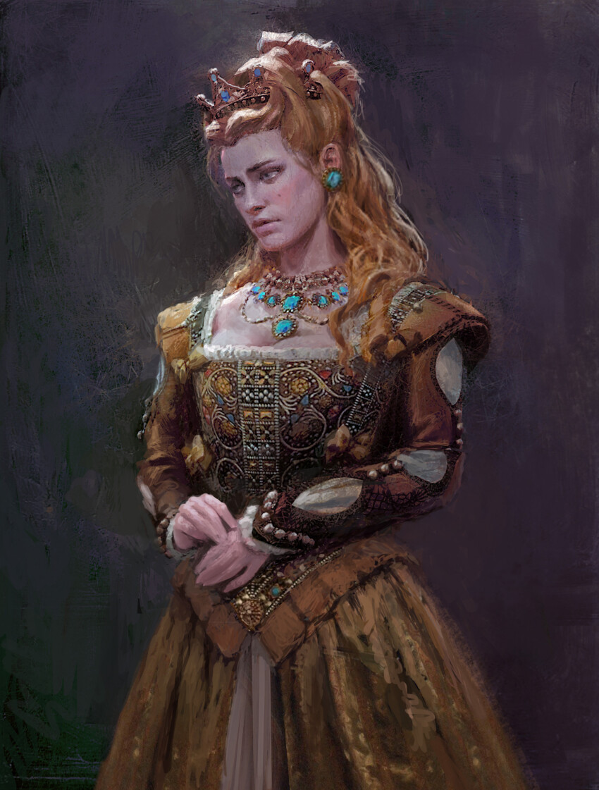 1girl, absurdres, anna_henrietta, blonde_hair, brown_dress, crown, dress, highres