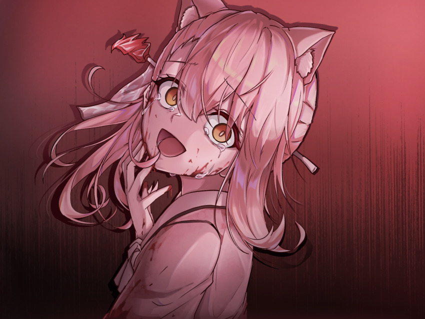 1girl, animal_ears, blood, blue_archive, chanwoo, crazy_smile, fox_ears, fox_girl