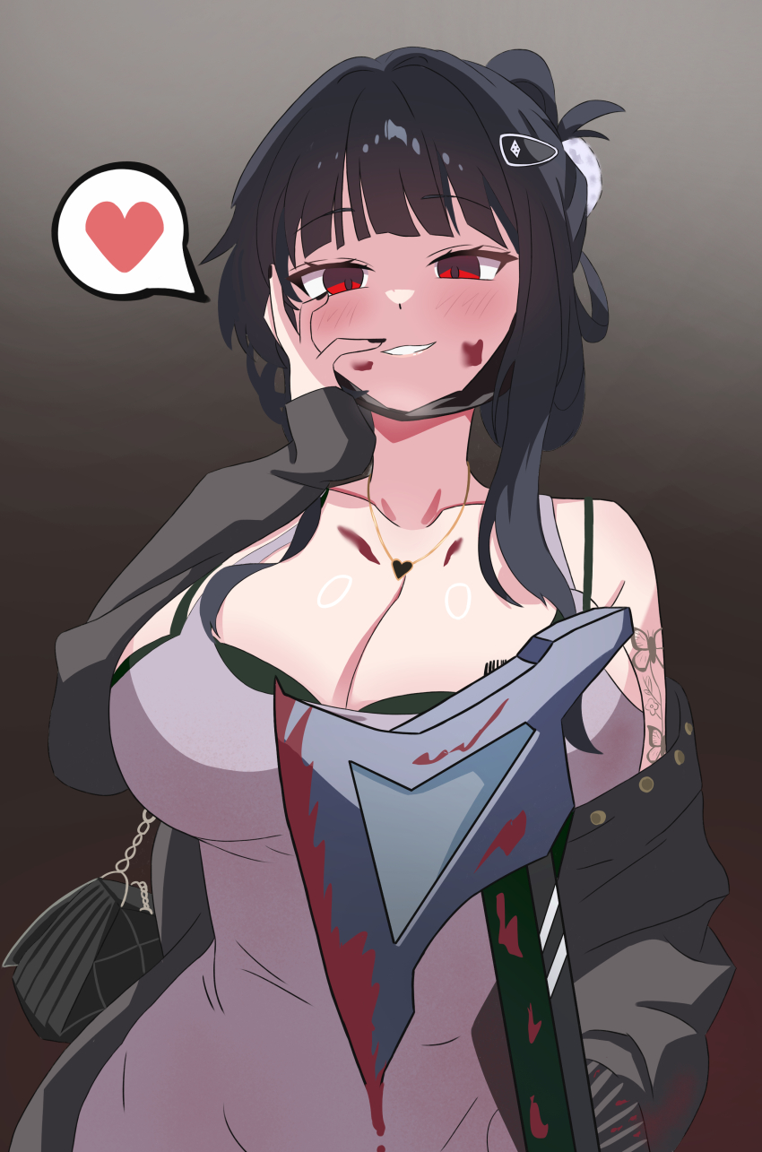 1girl, absurdres, arm_tattoo, axe, bag, barcode, barcode_tattoo, black_bra