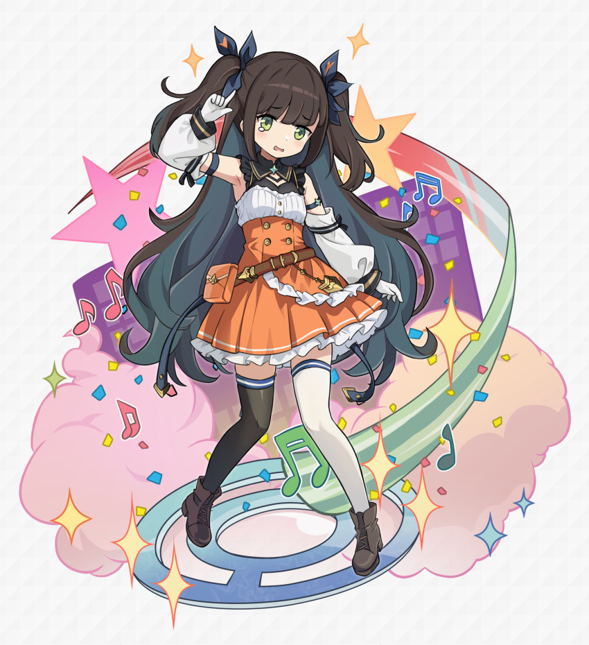 1girl, bag, brown_shoes, colored_inner_hair, commentary_request, confetti, detached_sleeves, dress