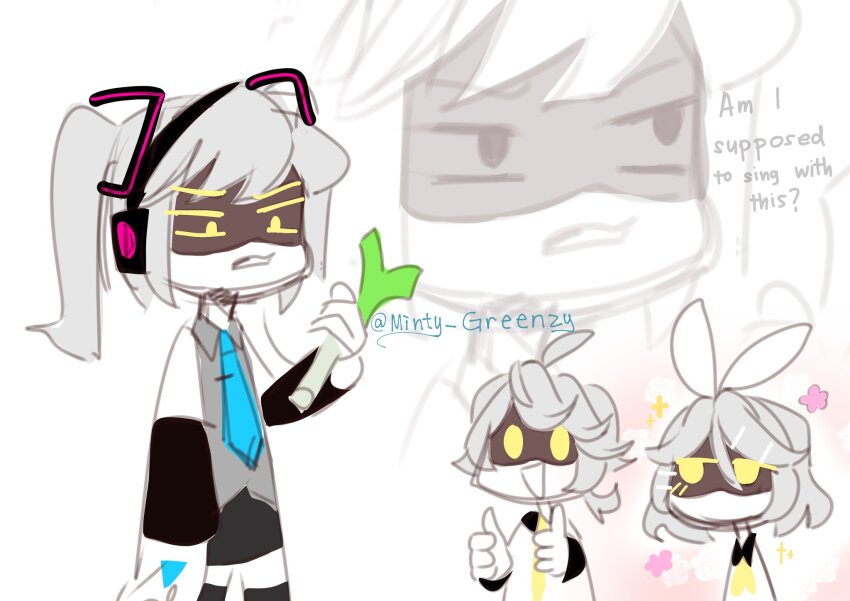 1boy, 2girls, cosplay, hatsune_miku, hatsune_miku_(cosplay), highres, j_(murder_drones), kagamine_len