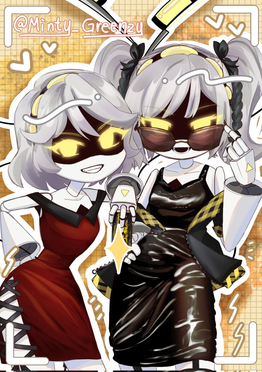 2girls, android, armband, black_jacket, grey_hair, hairband, highres, j_(murder_drones), jacket, long_hair, looking_at_viewer, mechanical_arms, minty_greenzy, multiple_girls, murder_drones, open_mouth, short_hair, short_sleeves, simple_background, smile, v_(murder_drones), white_hair, yellow_eyes