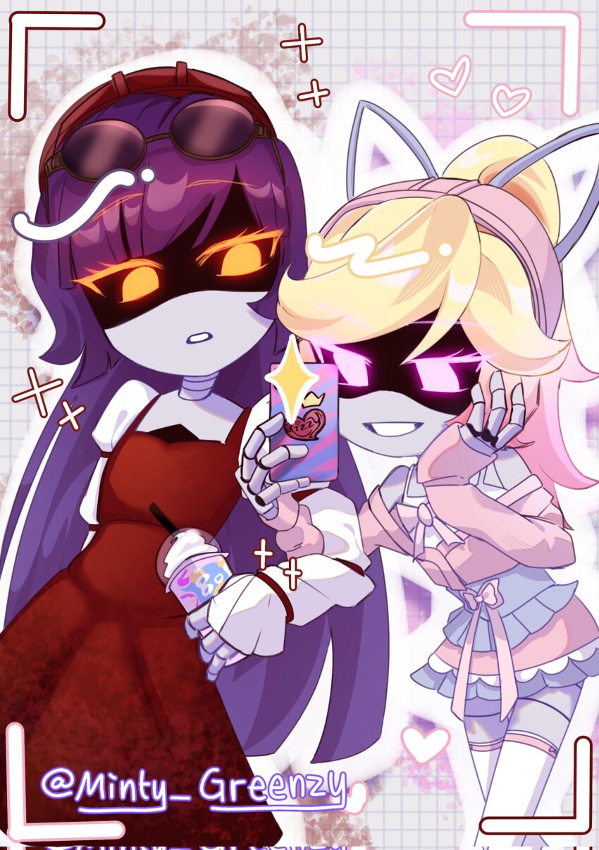 2girls, android, blonde_hair, blue_skirt, doll_(murder_drones), gradient_hair, grin, hat