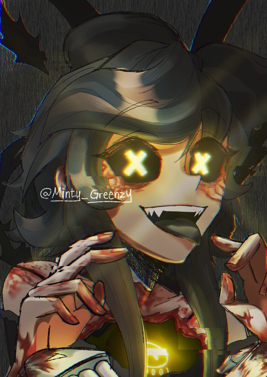 1girl, :d, black_dress, black_mouth, black_sclera, blood, chromatic_aberration, colored_sclera