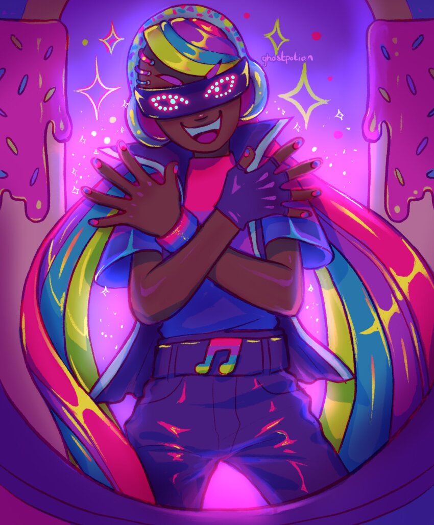 1other, androgynous, belt, blonde_hair, blue_hair, cookie_run, cookie_run:_ovenbreak, dark_skin, dj, dj_cookie, ghostpotion_art, happy, hat, highres, long_hair, multicolored_hair, pants, rainbow, rainbow_hair, short_hair, smile, very_dark_skin