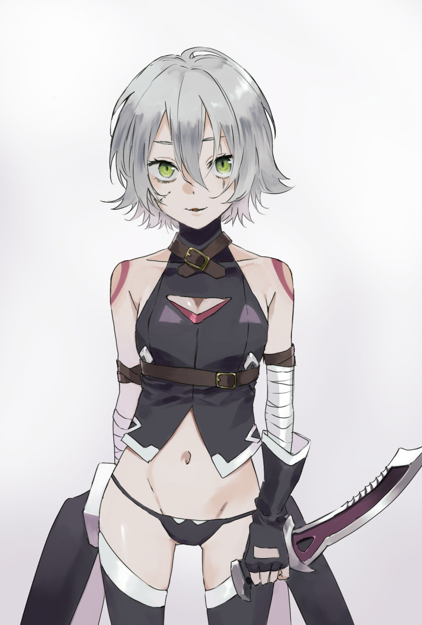13_(pixiv_84747634), 1girl, arm_belt, bandaged_arm, bandages, bare_shoulders, belt, belt_buckle