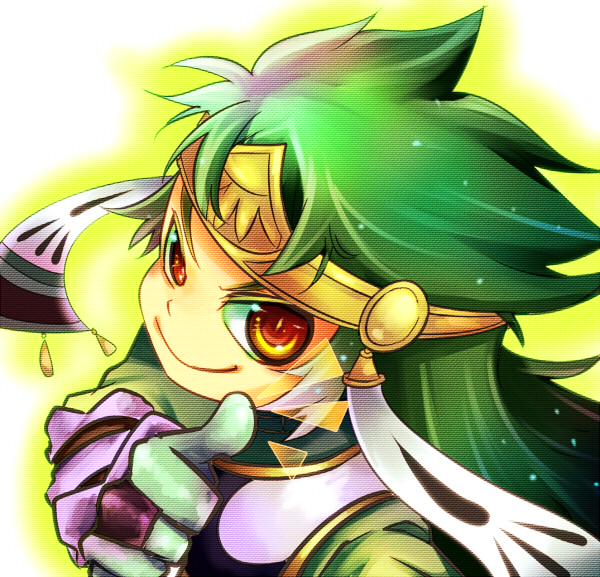 1boy, ahoge, bad_id, bad_pixiv_id, brown_eyes, green_hair, green_shirt, headgear, long_hair, male_focus, motarou, shirt, smile, solo, tales_of_(series), tales_of_rebirth, thumbs_up, tytree_crowe