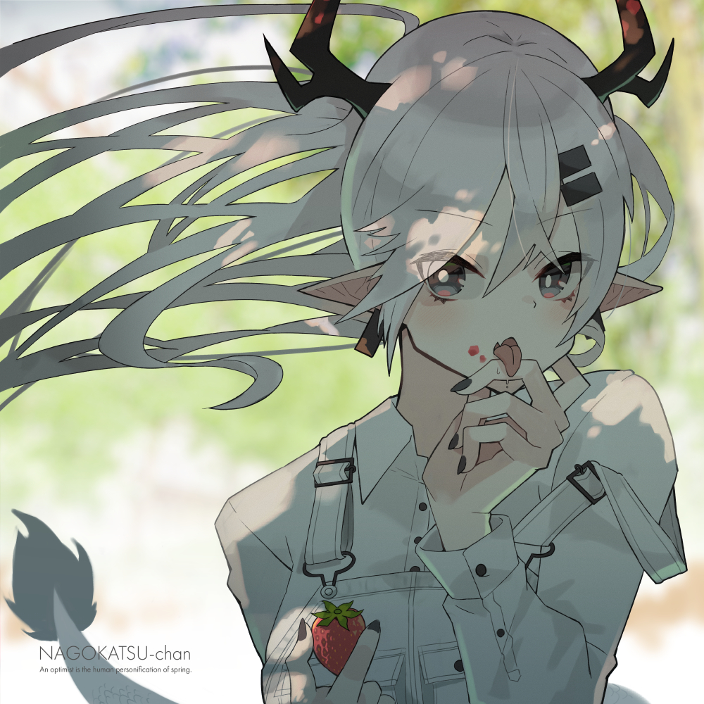 1girl, black_eyes, blurry, blurry_background, bright_pupils, collared_shirt, earclip, floating_hair, food, fruit, grey_hair, hair_ornament, hairclip, holding, holding_food, horns, katsu_(katsupainter), long_hair, long_sleeves, looking_at_viewer, original, pointy_ears, sarusawa_ikue, shade, shirt, solo, spring_(season), strawberry, tongue, tongue_out, upper_body, white_pupils, white_shirt