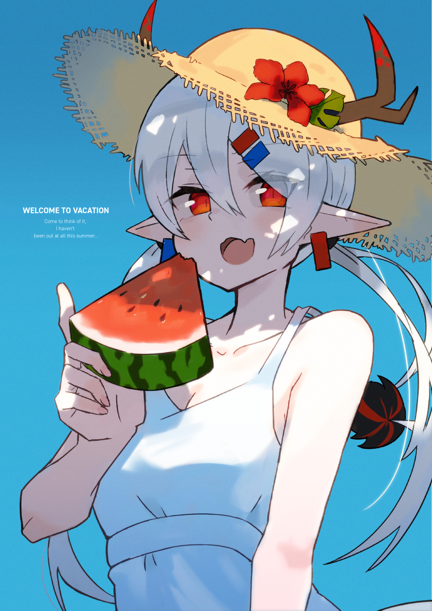 1girl, absurdres, bare_shoulders, bright_pupils, collarbone, dragon_girl, dress, earclip