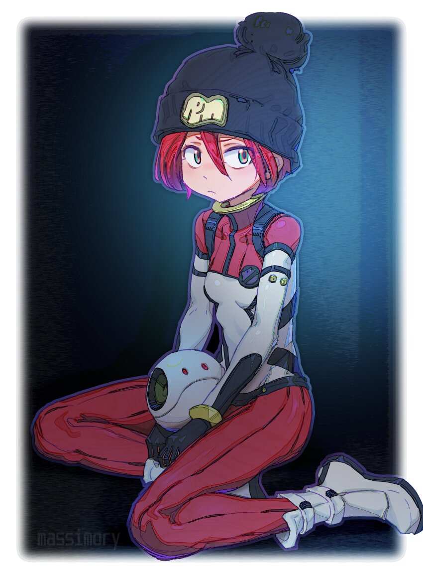 1girl, absurdres, amate_yuzuriha, artist_name, beanie, black_hat, bodysuit, boots