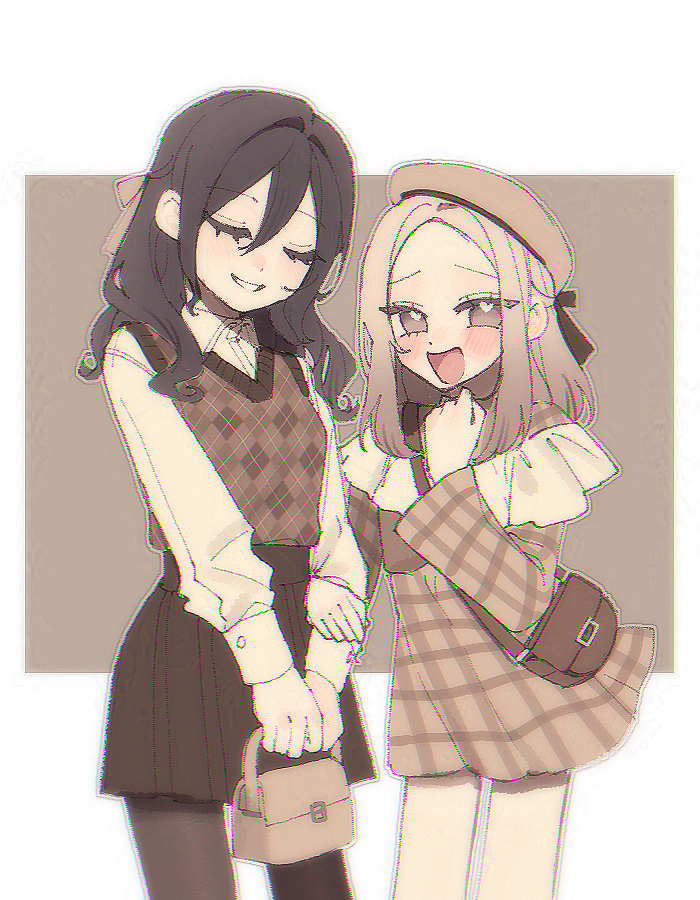 2girls, :d, bag, beret, black_hair, black_pantyhose, black_ribbon, black_skirt