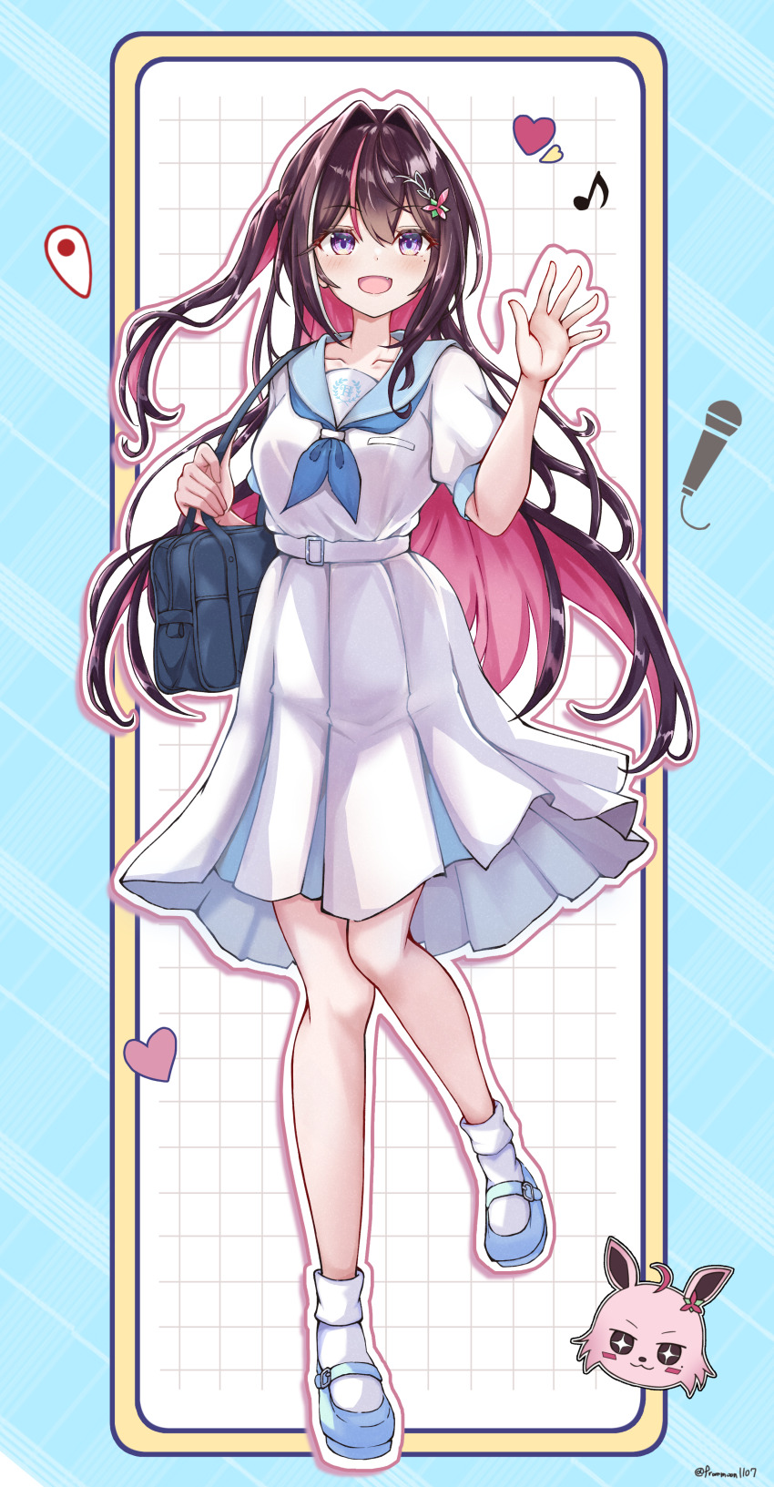 1girl, absurdres, asymmetrical_sidelocks, azki_(hololive), bag, belt, blue_background, blue_neckerchief