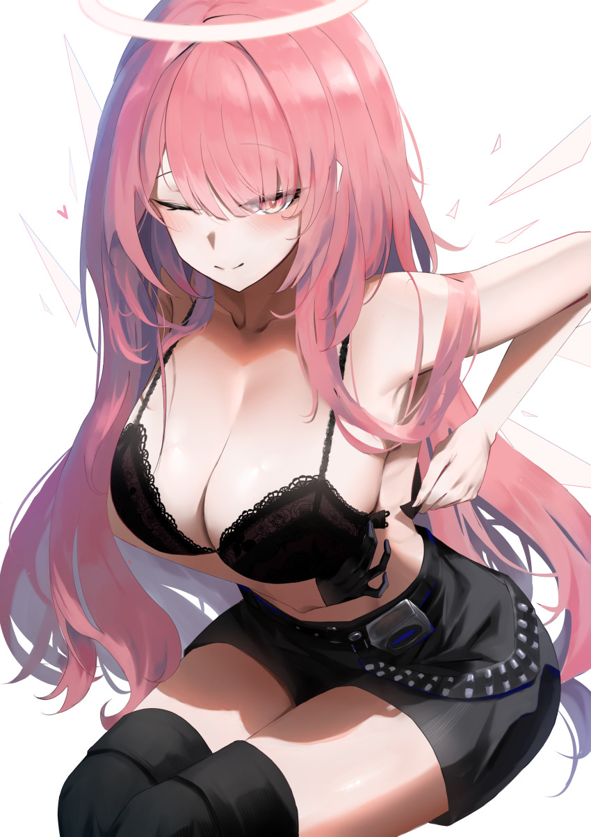 1girl, absurdres, adjusting_bra, adjusting_clothes, angel, arknights, black_bra, black_gloves, black_skirt, black_thighhighs, bra, breasts, cleavage, commentary_request, detached_wings, fingerless_gloves, gloves, halo, heart, highres, large_breasts, lemuen_(arknights), lemuen_(elite_ii)_(arknights), long_hair, one_eye_closed, pink_eyes, pink_hair, simple_background, single_glove, skirt, smile, solo, thighhighs, thighs, underwear, white_background, wings, yuki_(yuki_yu_owo)
