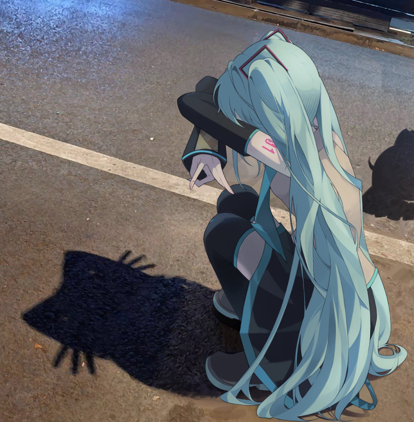 1girl, absurdres, arm_tattoo, black_shoes, black_skirt, black_sleeves, black_thighhighs, blue_hair, cat_shadow_puppet_(meme), dongam_salad, grey_shirt, hatsune_miku, highres, long_hair, meme, number_tattoo, shirt, shoes, skirt, solo, squatting, tattoo, thighhighs, twintails, very_long_hair, vocaloid, w, zettai_ryouiki
