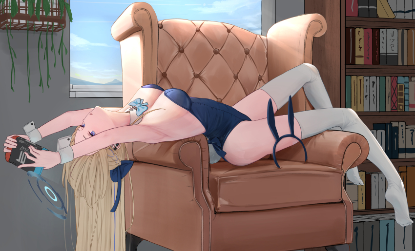 1girl, absurdres, arched_back, armpits, arms_up, blonde_hair, blue_archive, blue_eyes, blue_ribbon, blush, book, bookshelf, breasts, chair, detached_collar, full_body, hair_ribbon, halo, highres, long_hair, mola_(mola526), nintendo_switch, no_shoes, playboy_bunny, ribbon, small_breasts, soles, solo, thighhighs, toki_(blue_archive), toki_(bunny)_(blue_archive), wrist_cuffs