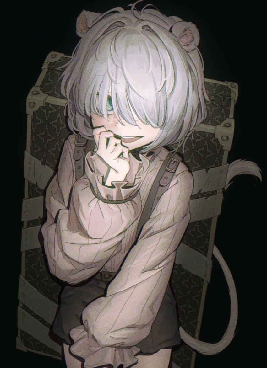 1girl, absurdres, animal_ears, black_background, black_shorts, blue_eyes, clauvio_(vtuber), commentary