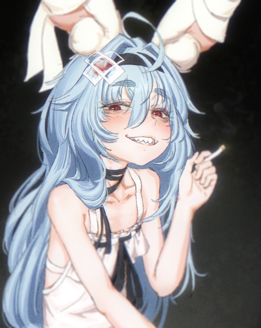 1girl, ahoge, animal_ears, bandaged_neck, bandages, black_background, black_hairband, black_ribbon