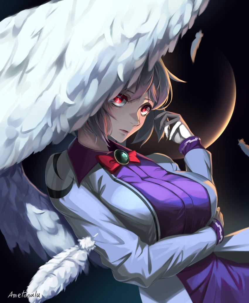 1girl, absurdres, ametonalu, artist_name, black_sky, bow, bowtie, breasts