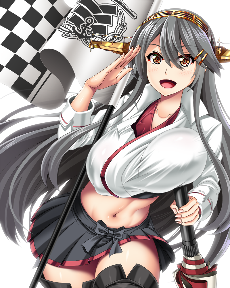 1girl, black_hair, bouncing_breasts, breasts, checkered_flag, flag, hair_ornament, hairband
