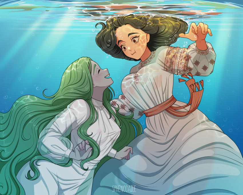 2girls, air_bubble, bubble, closed_mouth, highres, holding_breath, long_hair, long_sleeves