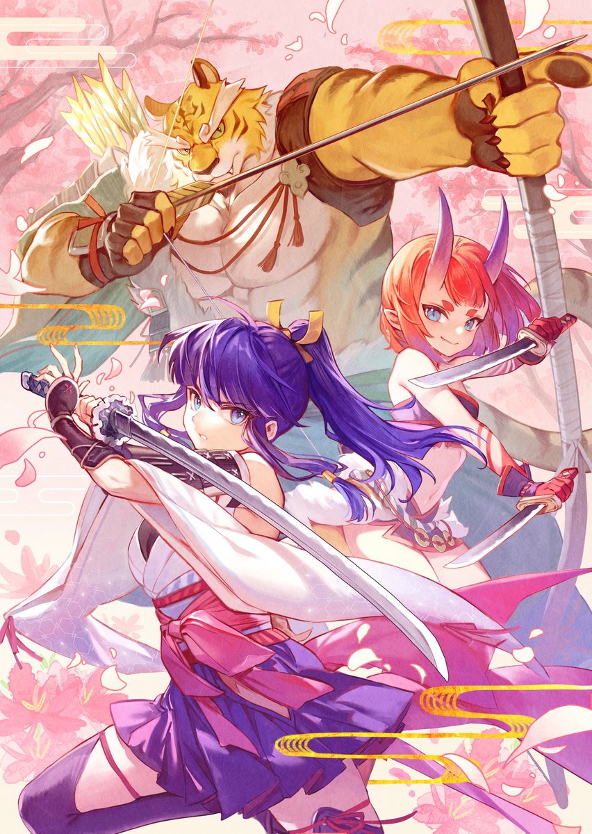 1boy, 2girls, abs, aiming, animal_ears, blue_hair, bow_(weapon), animal_nose, cherry_blossoms, chinese_text, claws, commentary_request, dagger, falling_petals, fangs, fighting_stance, fingerless_gloves, furry, furry_male, gloves, highres, holding, holding_bow_(weapon), holding_dagger, holding_knife, holding_sword, holding_weapon, horns, japanese_clothes, katana, knife, looking_to_the_side, mesme, multiple_girls, official_art, oni, pectorals, petals, pointy_ears, ponytail, red_hair, sara_(yasha), shigure_(yasha), smile, sword, tail, taketora_(yasha), thick_eyebrows, third-party_source, tiger_boy, tiger_ears, tiger_stripes, tiger_tail, weapon, yasha_legends_of_the_demon_blade, yellow_fur