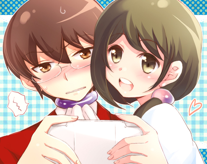 1boy, 1girl, :d, blush, brown_eyes, brown_hair, ascot, glasses