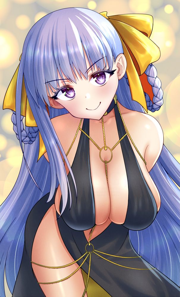 1girl, arms_behind_back, bare_shoulders, bb_(fate), bb_dubai_(fate), belly_chain, black_dress, blush