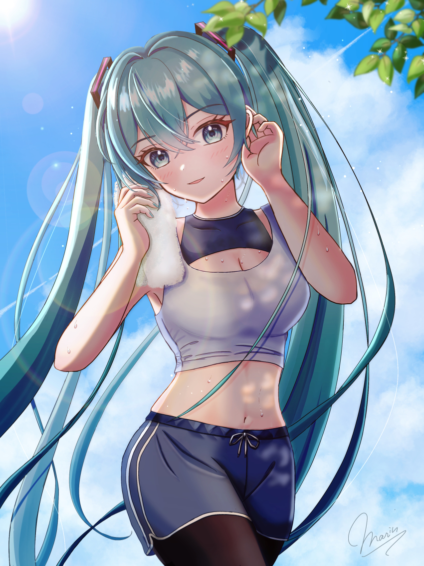 1girl, absurdres, alternate_costume, aqua_eyes, aqua_hair, aqua_nails, blush, breasts, cleavage, cleavage_cutout, clothing_cutout, crop_top, hair_between_eyes, hair_ornament, hatsune_miku, highres, holding, holding_towel, jogging, long_hair, looking_at_viewer, maarin_(59567861), medium_breasts, midriff, navel, open_mouth, pants, signature, sleeveless, smile, solo, stomach, sunlight, towel, track_pants, twintails, vocaloid