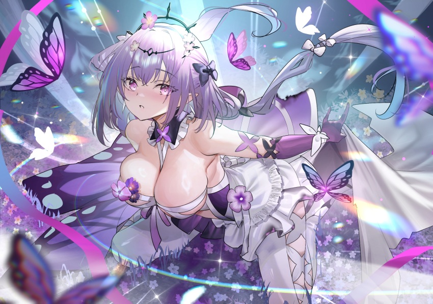 1girl, bare_shoulders, black_tiara, blush, bow, breasts, bug, butterfly