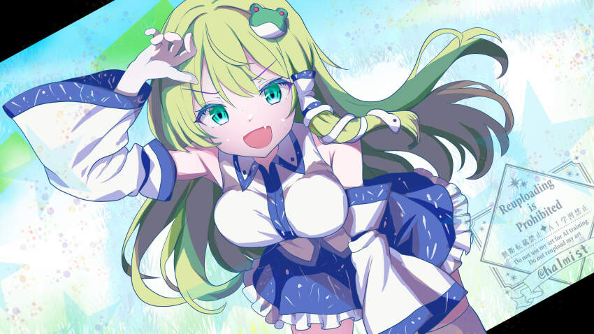 1girl, :d, bare_shoulders, blue_skirt, breasts, collared_shirt, detached_sleeves, dot_nose