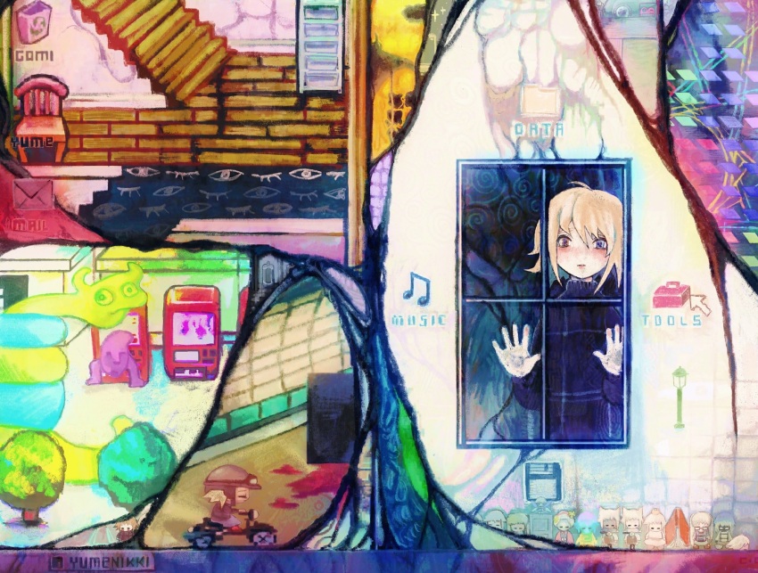 1girl, abstract, bicycle, black_sweater, blonde_hair, commentary, doriansrooms, english_commentary