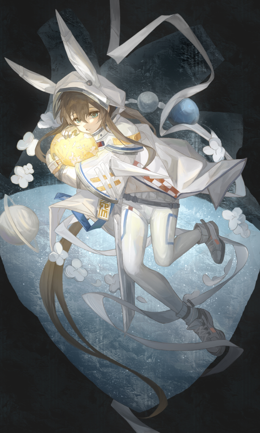 1girl, amiya_(arknights), animal_ears, arknights, astronaut, brown_hair, coat, globe, green_eyes, hair_between_eyes, helmet, highres, holding_globe, hood, hood_up, long_hair, looking_at_viewer, luozixiaoliu, navel, pants, parted_lips, planet, rabbit_ears, rabbit_girl, sidelocks, solo, space_helmet, white_coat, white_pants