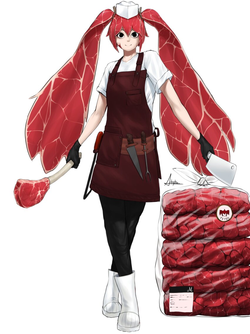1girl, absurdres, alternate_color, alternate_costume, apron, artrextino, black_gloves, black_pants, boned_meat, boots, brown_apron, character_sticker, food, gloves, hat, hatsune_miku, highres, holding, holding_knife, knife, looking_at_viewer, meat, meat_hair, original, pants, red_hair, shirt, short_sleeves, simple_background, sticker, twintails, vocaloid, white_background, white_boots, white_hat, white_shirt