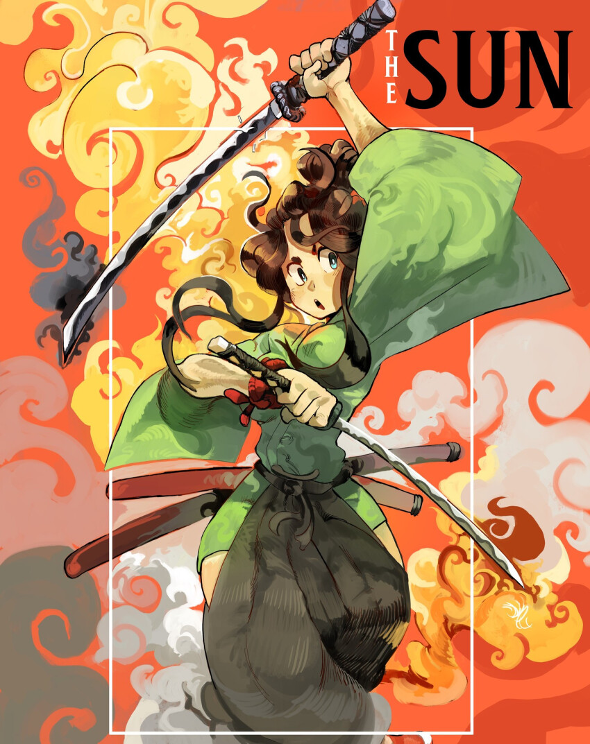 1girl, black_hair, breasts, castle, cleavage, dynamic_pose, green_kimono, highres