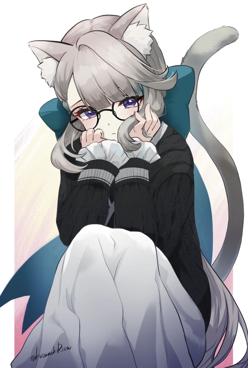 1girl, alternate_costume, animal_ear_fluff, animal_ears, bespectacled, black_shirt, bow, cat_ears