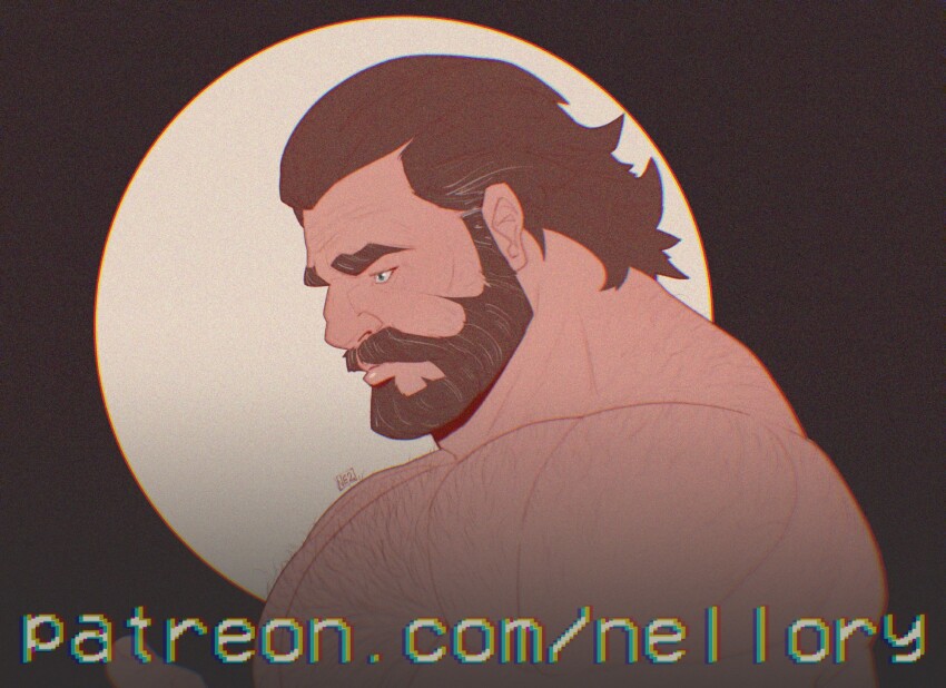 1boy, arcane:_league_of_legends, arm_hair, artist_name, bara, beard, biceps, brown_hair