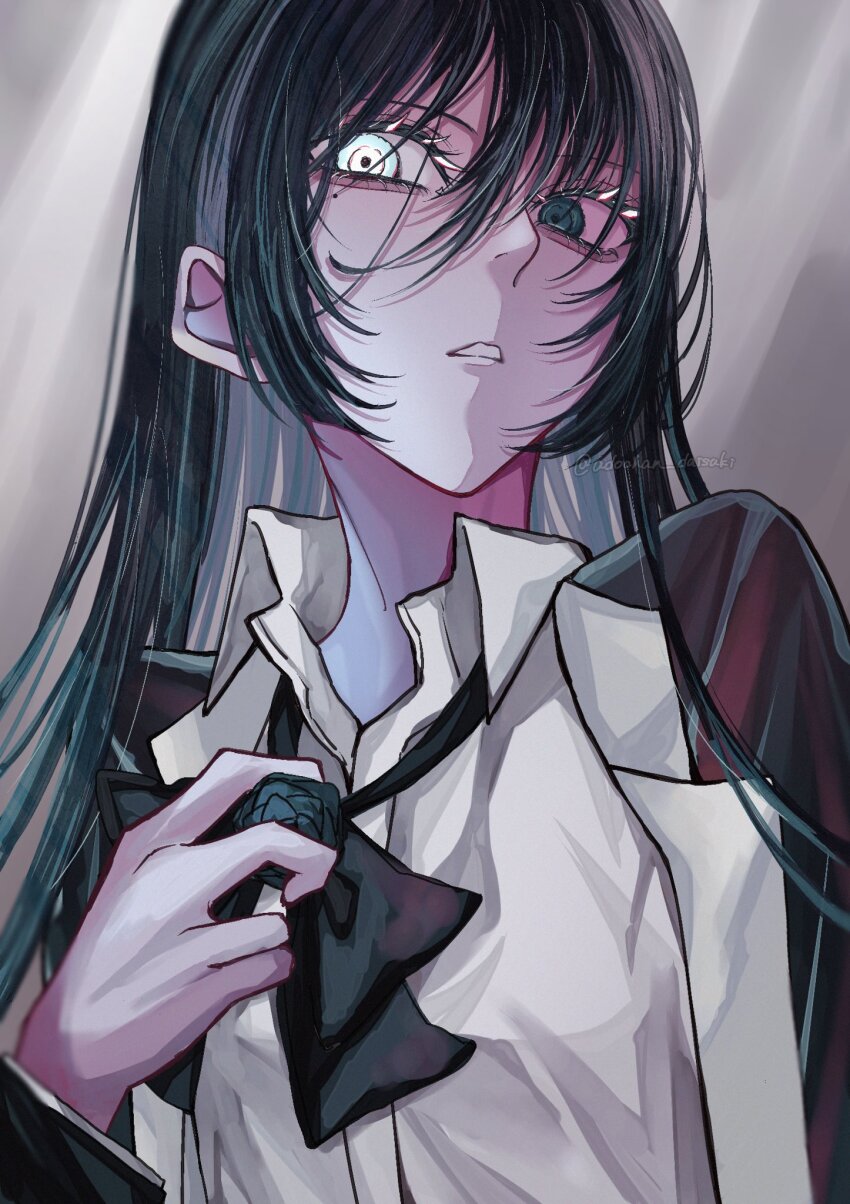 1girl, ado_(utaite), aegyo_sal, black_bow, black_bowtie, black_hair, blue_eyes, blue_hair