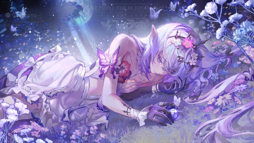 1girl, absurdres, asymmetrical_gloves, black_tiara, breasts, butterfly_ornament, castorice_(honkai:_star_rail), commentary