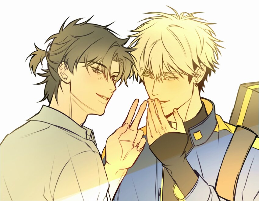 2boys, ankko0823, black_hair, black_shirt, blonde_hair, blue_jacket, blush, cheng_xiaoshi